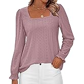 Okiwam Womens Long Sleeve Shirts Fall 2026 Square Neck Dressy Casual Blouses Eyelet Tunic Tops Fashion Outfits Clothes
