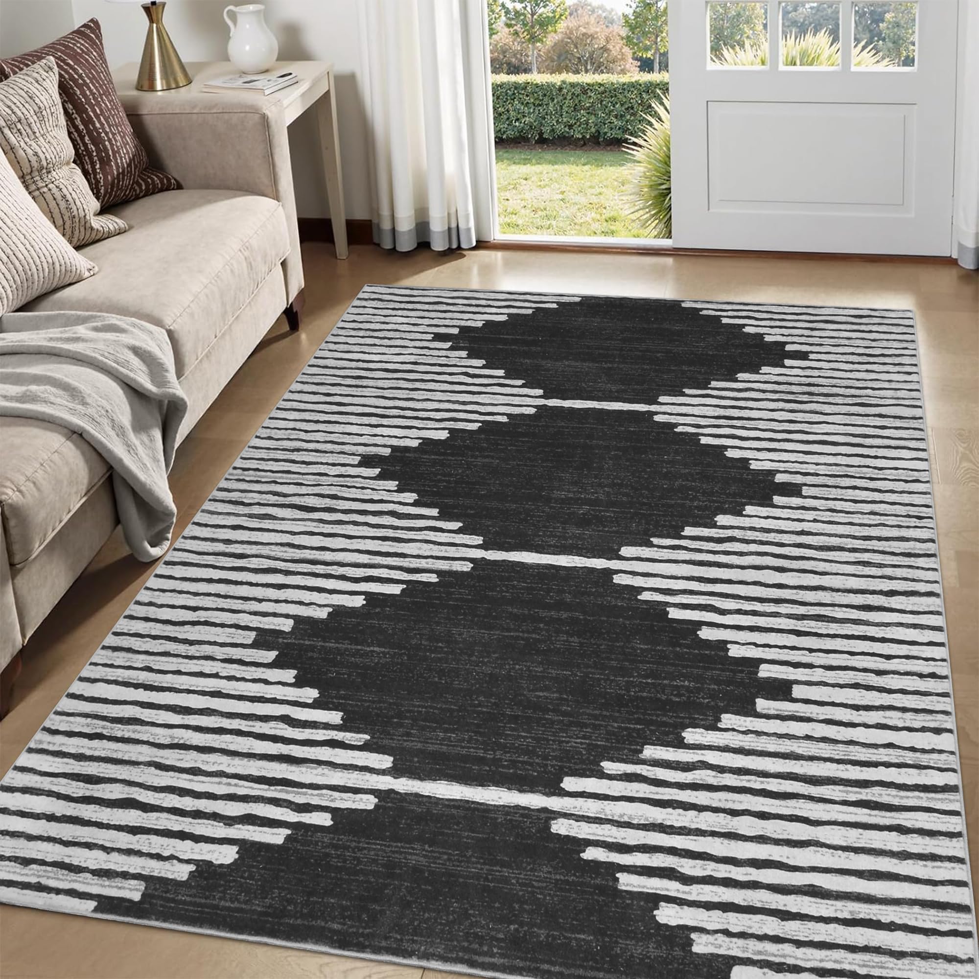 Photo 1 of HelloTree Area Rug 3x5 Geometric Rug,Washable Modern Neutral Stain Resistant Indoor Carpet Boho Living Room Moroccan Rugs Fluffy Rug for Living Room Bedside Room Decor for Family-Black