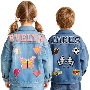 SCZQOVR Personalized Kids Jean Jacket for Girls Boys with Name, Custom Color & Pattern Girls Denim Jacket, 1-14 Year Old Todd