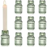Hewory Glass Taper Candle Holders: 10 PCS Green Vintage Candle Holder Candlestick Holders Bulk, Ribbed Glass Candle Holder Candle Sticks Holder Decor for Table Centerpiece Wedding Christmas Home Decor