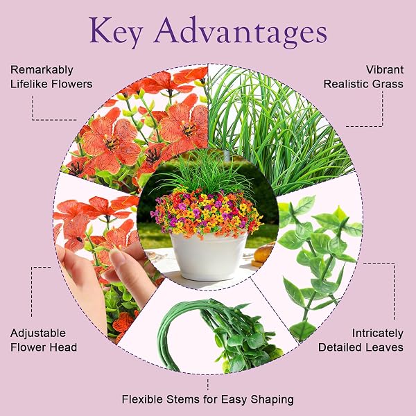 INQCMY ARTIFICIAL FLOWERS FOR OUTDOORS UV RESISTANT, 14 BUNDLES FAKE PLANTS REALISTIC SILK FLOWERS WITH FAUX FERNS FOR OUTSIDE PLANTERS HOME PORCH PATIO GARDEN BACK YARD SPRING SUMMER DECORATION