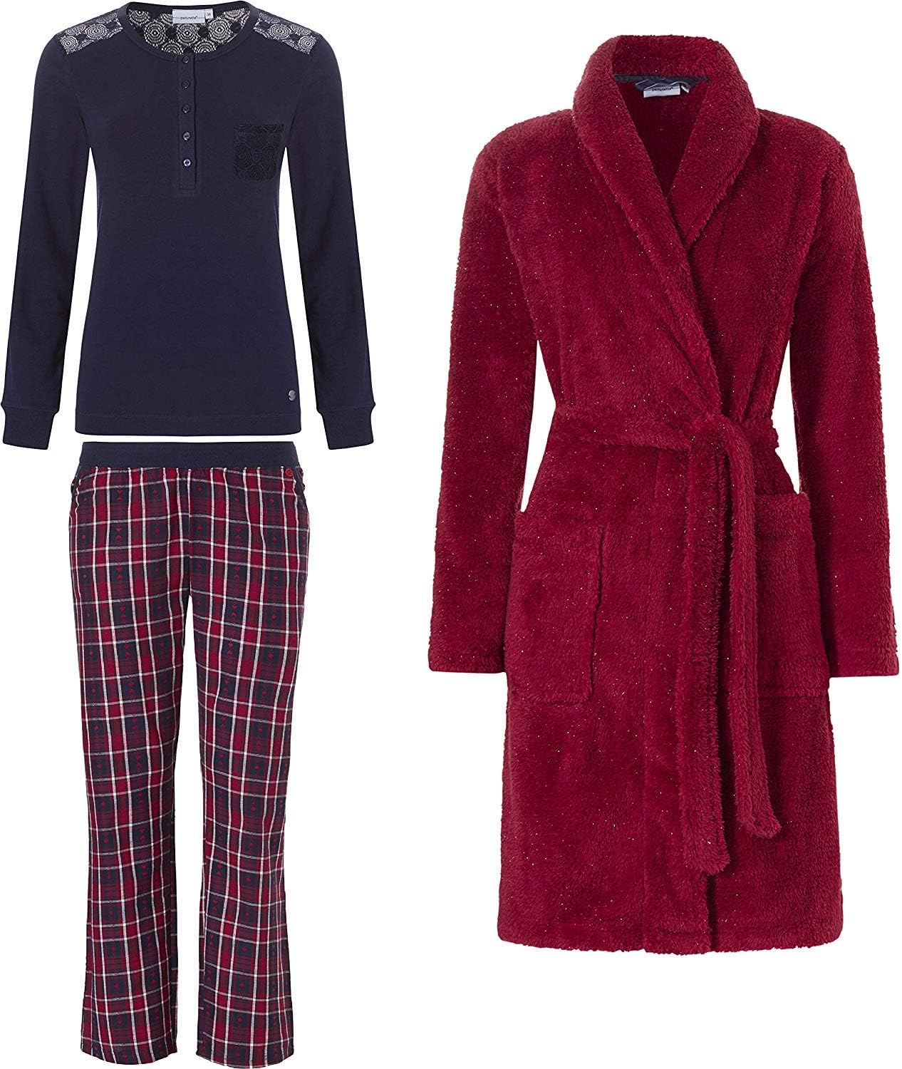 Pastunette Ladies Red Tartan Pyjamas and Matching Red Dressingown Soft Fleece Robe Size 8 to 22