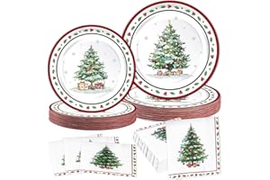 OUMUAMUA 150Pcs Christmas Paper Plates and Napkins Dinnerware Set, Heavy Duty Christmas Tree Dinner plates Disposable Party set, Red White and Green Tableware for Winter Xmas Wedding Party Supplies, Serves 50