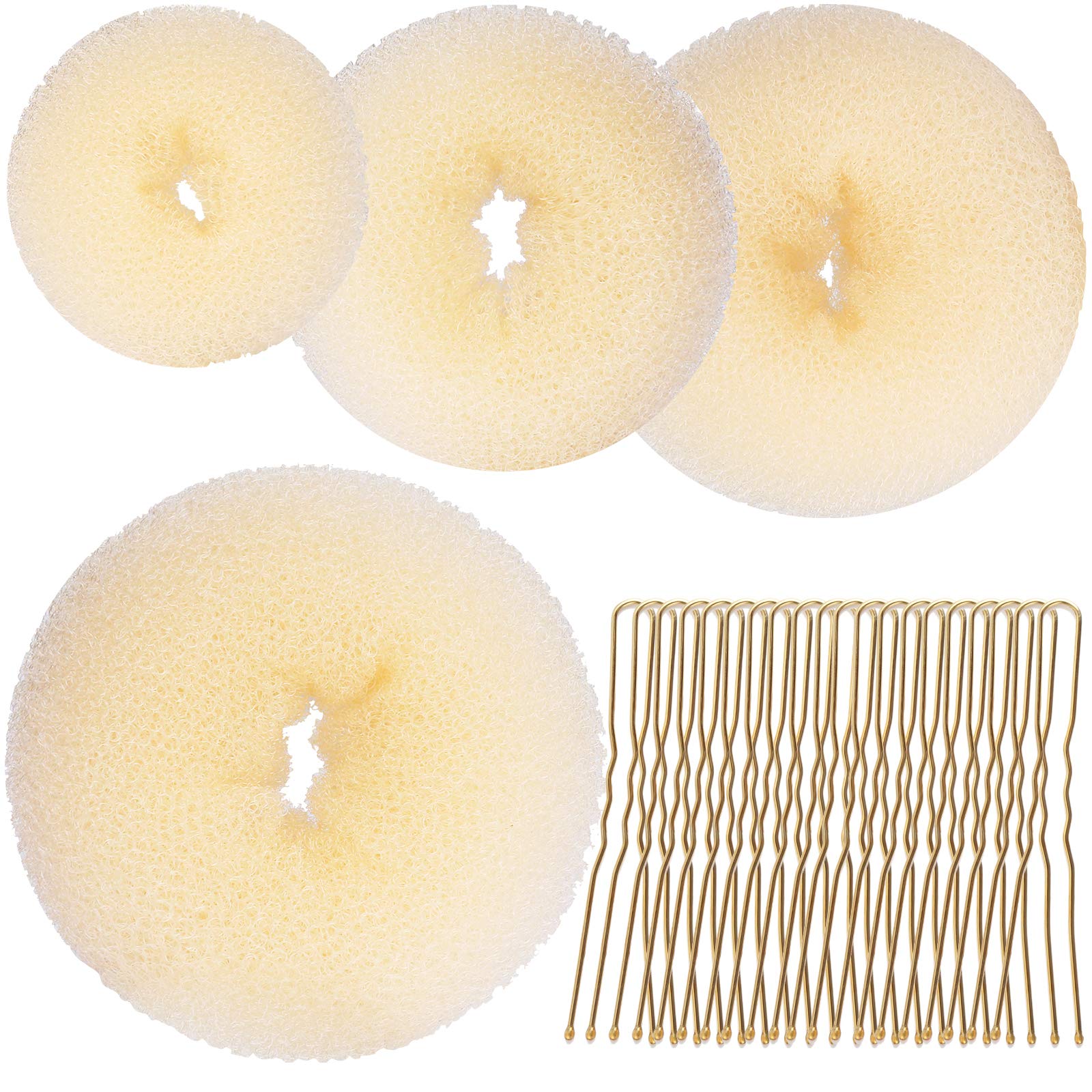Teenitor Hair Bun Shaper Set, 4 Size Beige Donut Bun Maker + 20 Golden Bobby Pins for Blonde, Chignon Bun Maker Hair Ring Style Accessories for Dancer Ballet Girls Extra-large, Large, Medium, Small