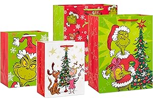 Hallmark Dr. Seuss Grinch Christmas Gift Bag Bundle for Kids (4 Bags: 2 Medium 9", 2 Large 13") Cindy Lou Who, Max the Dog, Red and Green Snowflakes
