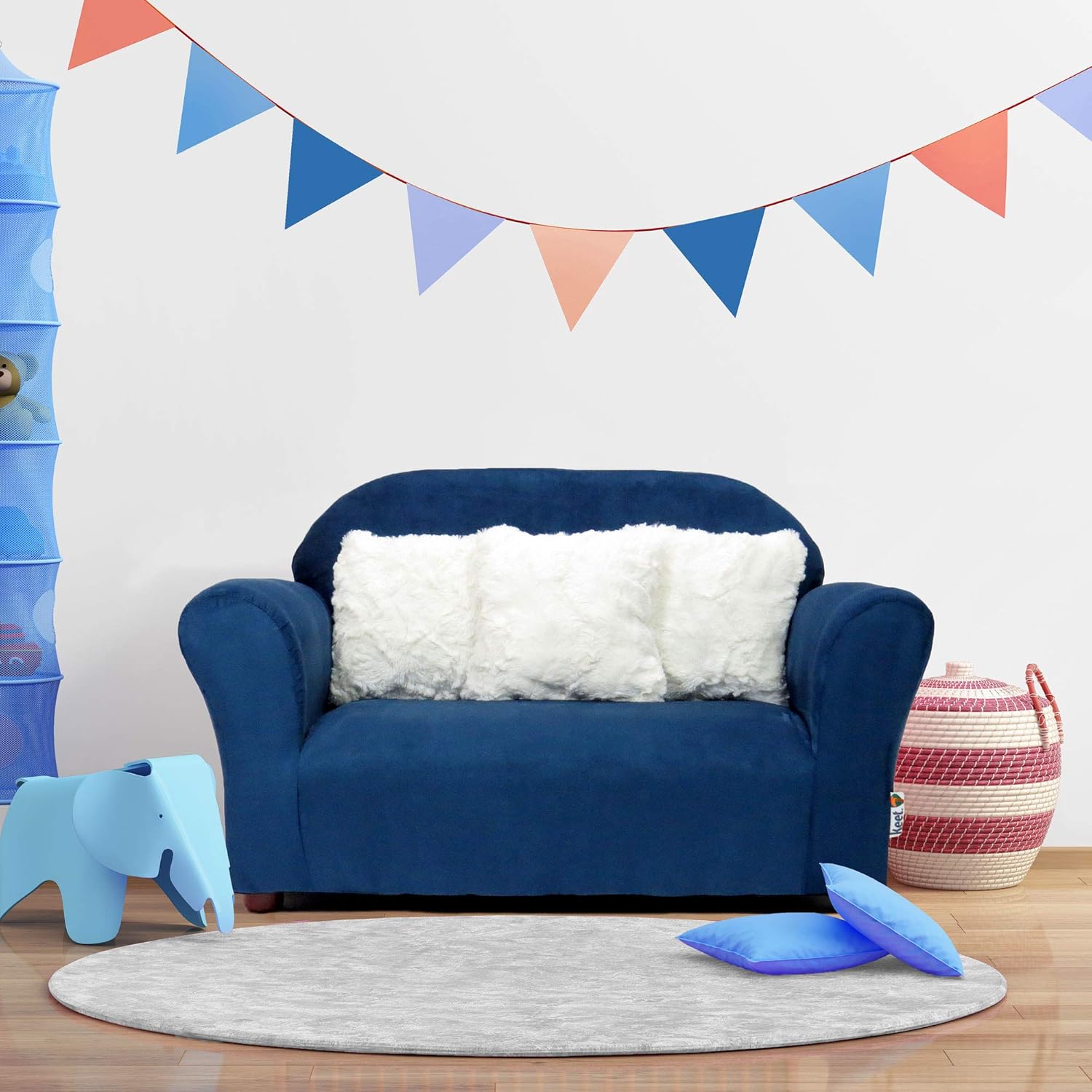 Kids Furniture Navy Keet Plush Childrens Sofa With Accent Pillows