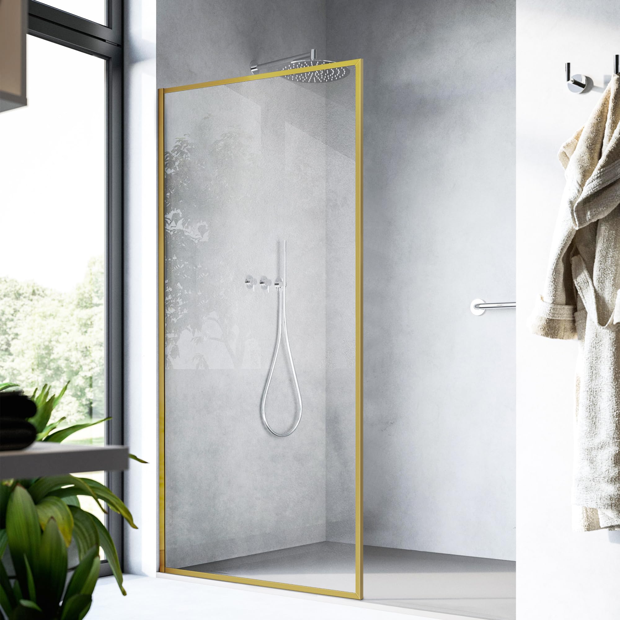 Photo 1 of ***FACTORY SEALED*** Fixed Glass Shower Door, Framed Tempered Glass Shower Panel 34 * 74 inch for Open Walk-in Bathroom, Clear Glass Bathtub Shower Door with Brushed Gold Hardware Finish