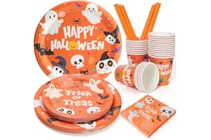 UVTQSSP Halloween Paper Plates, Halloween Party Plates and Cups With Straws, Disposable Tableware Party Supplies, Serve for 25 Guests, Cute Ghost Pumpkin Skull Bat Spider Cat, 125 PCS