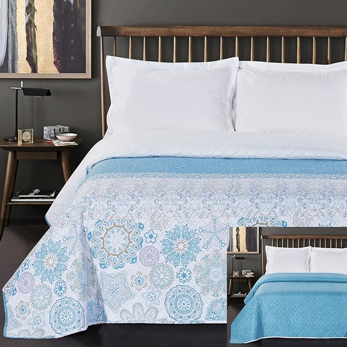 DecoKing Tagesdecke 170 x 210 cm türkis weiß grau Bettüberwurf mit abstraktem Muster zweiseitig pflegeleicht Alhambra hellbla
