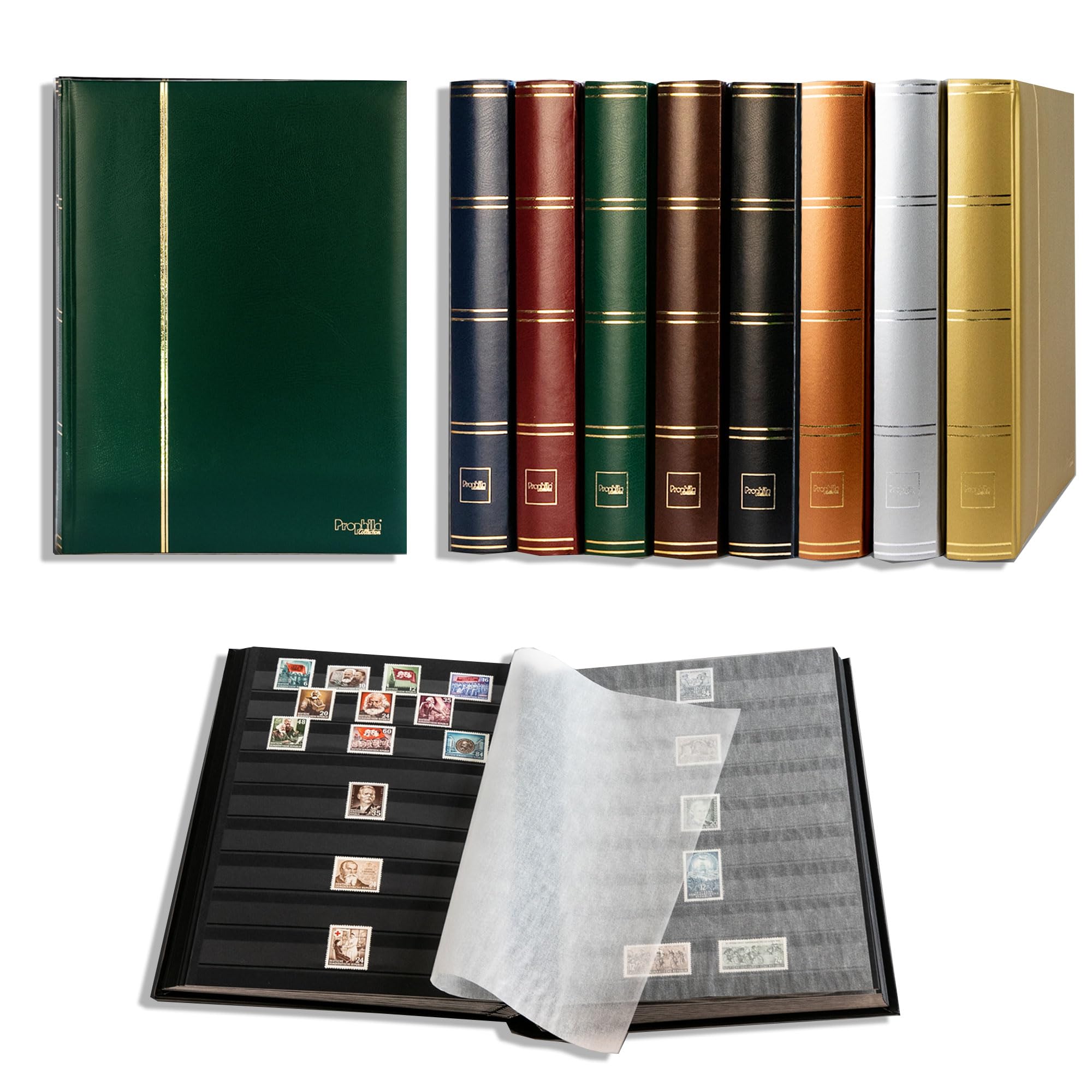 Prophila Stockbook stamp album (new) 60 black pages, green cover