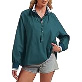 Soamat Womens Half Zip Blouses Puff Long Sleeve Henley Shirts Dressy Casual Contrast Collared Loose Fit Swing Tunic Tops,Green, Small
