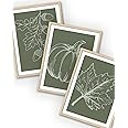 iHery Natural OAK Wood Autumn Pumpkin Framed Wall Art, 12x16 in Fall Leaves Bedroom Canvas Wall Decor, Warm Tones Wall Art Decor, Set of 3 Green Poster for Bedroom Living Room