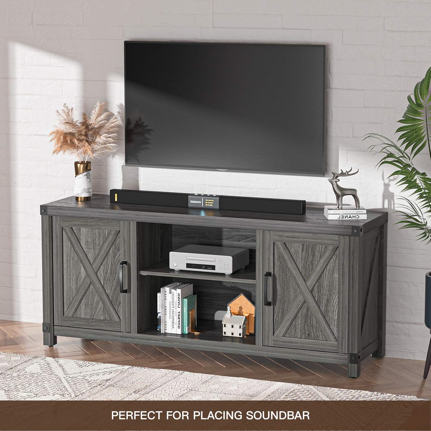 TV Console Cabinet for TVs up to 65 Inch W/Media Shelves, Farmhouse TV Stand Style Entertainment Center for Soundbar or Other Media, Barn Door TV Stand with Storage for Living Room, APRTS02D: Electronics