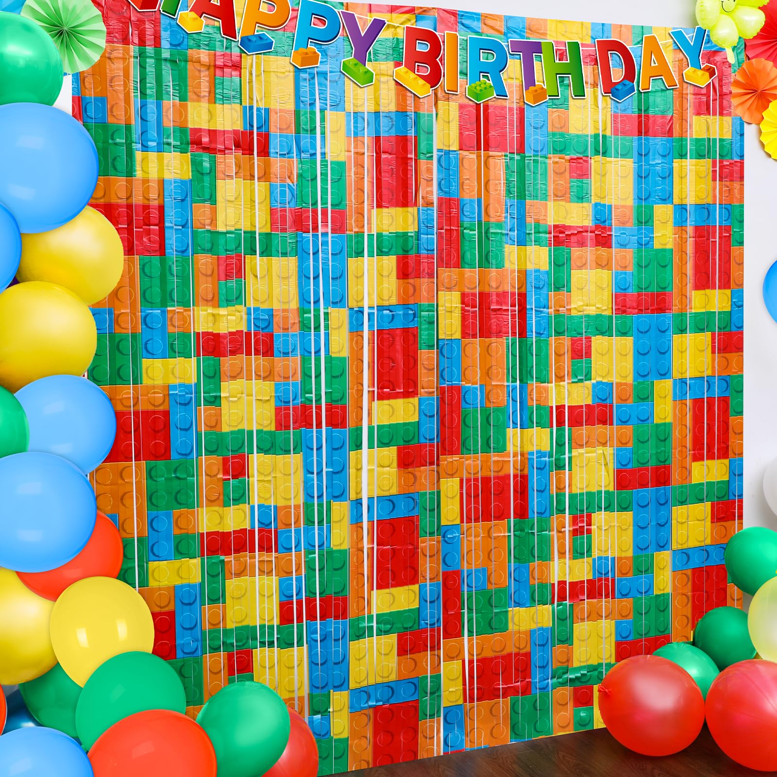 Photo 1 of 2 Pack Building Blocks Foil Fringe Curtain Building Block Theme Party Decorations Colorful Blocks Photo Booth Props Backdrop Hanging Tinsel Streamers for Birthday Baby Shower Room Doorway 3.3x6.6ft
