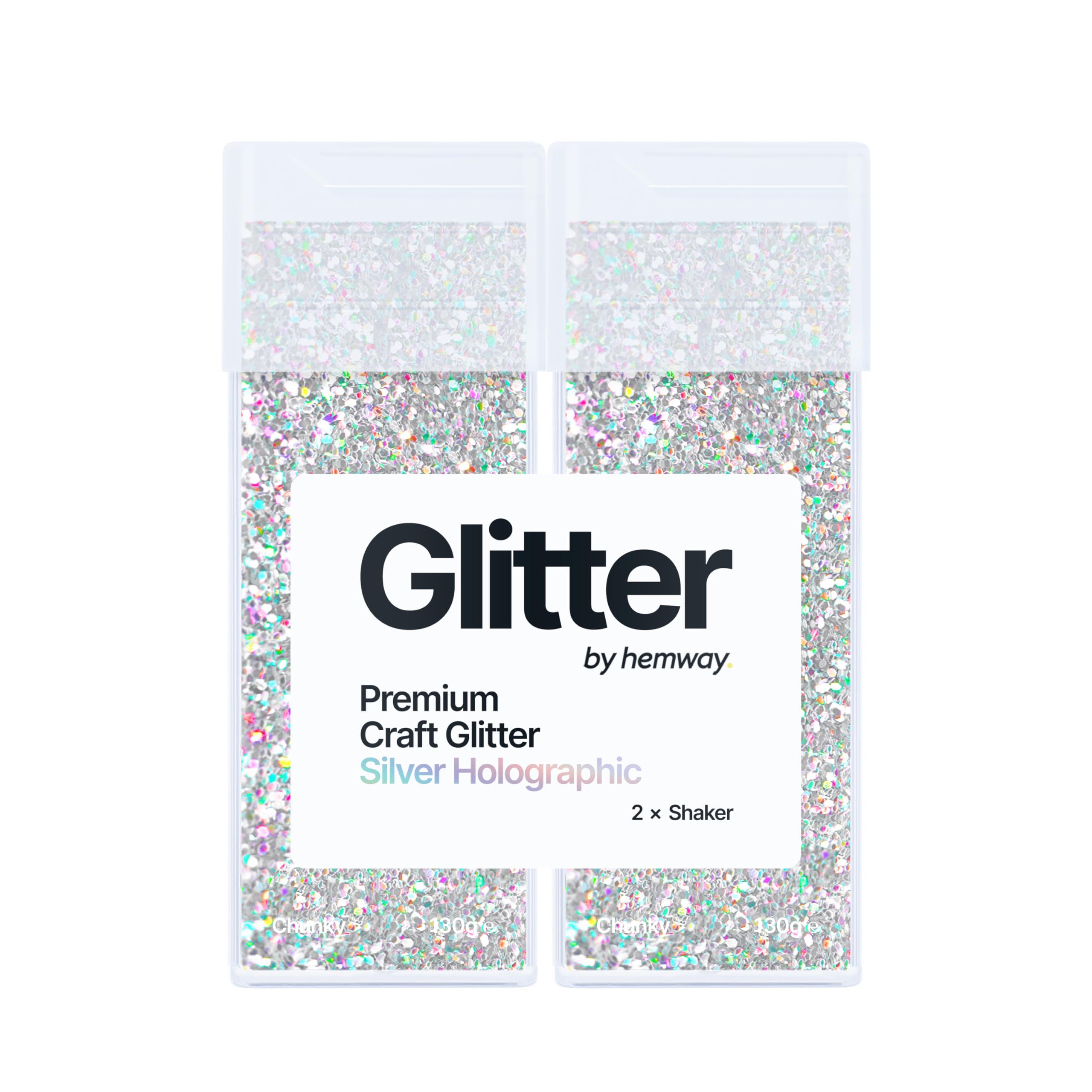 Hemway Glitter Shaker Silver Holographic 130g x2 Pack Chunky, Craft Glitter Shakers for Resin & Epoxy Crafts, Christmas Art Supplies, Nail, Body, Face, Eye, Festival, Crafting, Slime, Sparkle
