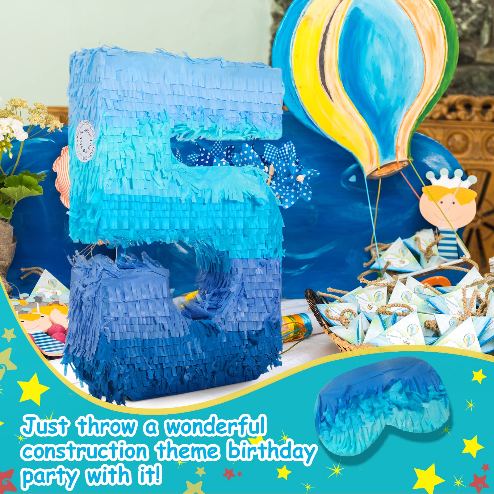 Sratte Number 1 2 3 4 5 6 7 8 9 Piñata with Stick Blindfold Confetti, Gradient Blue Piñata for Kids Boys Girls Birthday Party Anniversary Decorations Supplies(Number 5)