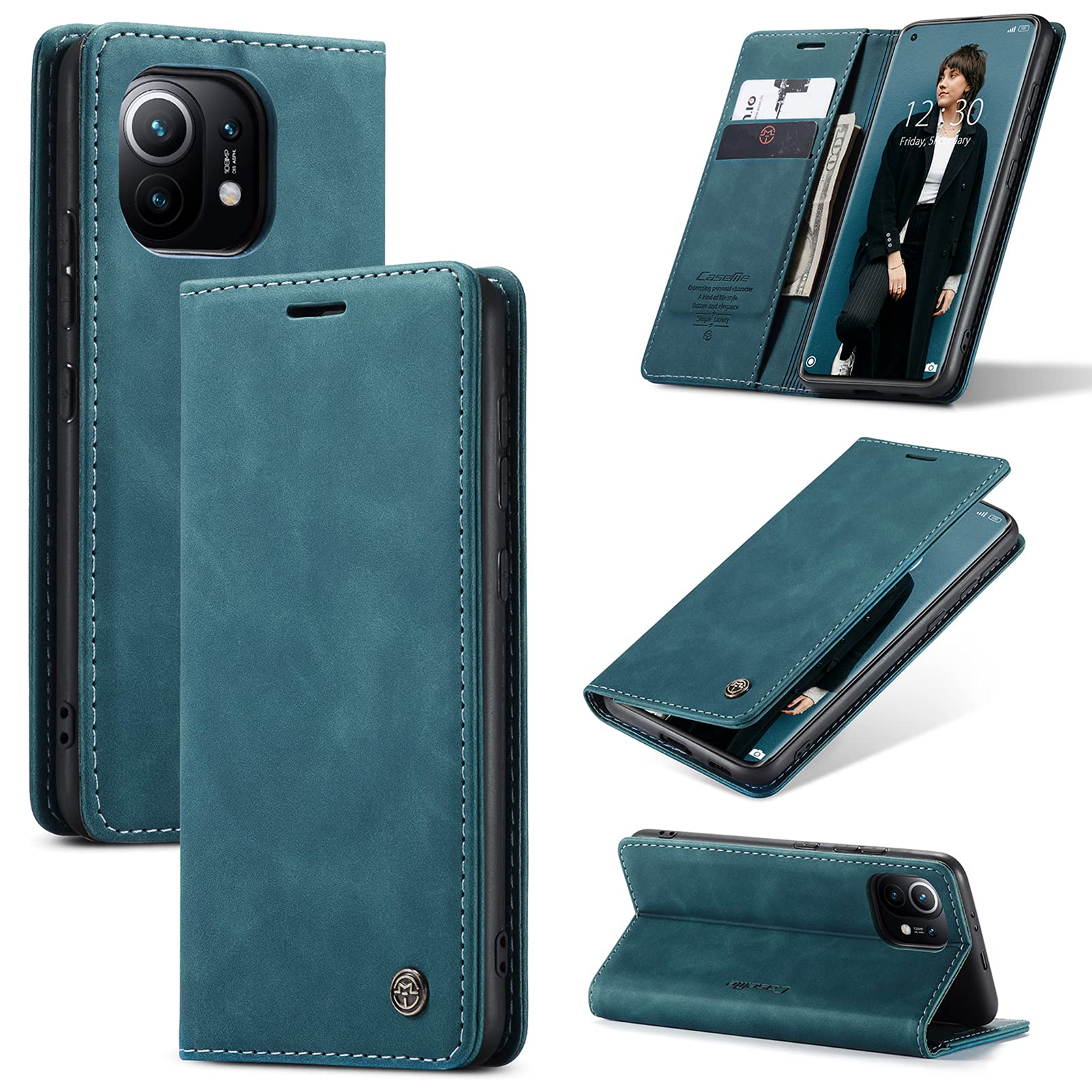 UFinetech Case for Xiaomi Mi 11, Leather TPU Cover Shell for Xiaomi Mi 11 5G, Slim Soft Flip Folio Magnetic Closure Kickstand Card Holder Wallet 2-in-1 Shockproof Anti-scratch Camera Protector, Blue