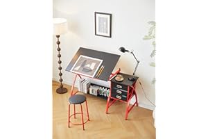 LOPOO Adjustable Large Desktop-Modern Metal Drawing Desk 0-75° Tiltable Tabletop Artist Storage for Reading, Writing, Crafting, Painting Art, Drafting Table with Stool and 3 Slide Drawers, Red+Black