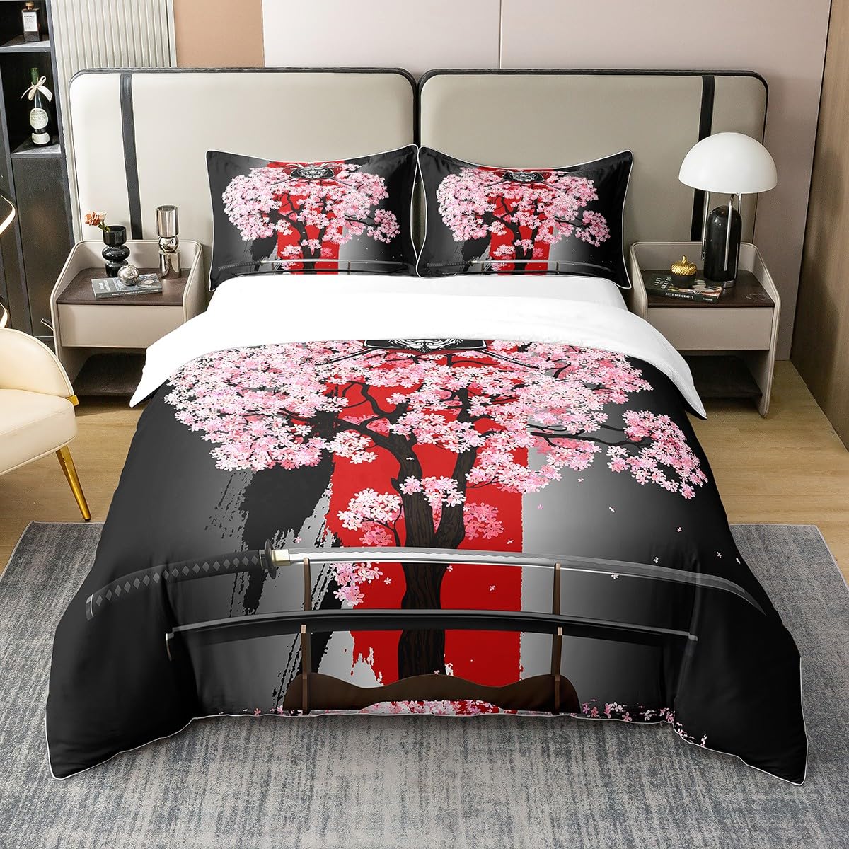 Japanese Black White 100% Cotton Duvet Cover Double,Ink Style Samurai Sword Bedding Set,Pink Cherry Blossoms Traditional Pattern Comforter Cover,Soft Grimace Mask Quilt Cover with Zipper 2 Pillow