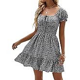 Heysolo Womens Boho Floral Smocked Square Neck Short Sleeve Ruffle Beach Summer Mini Dress