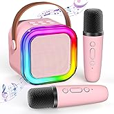 Mini Karaoke Machine for Kids Ages 2-12, Portable Wireless Karaoke Speaker with LED Party Lights & 2 Wireless Microphones, Perfect Birthday & Holiday Toys Gifts for Girls Boys（K12-Pink）