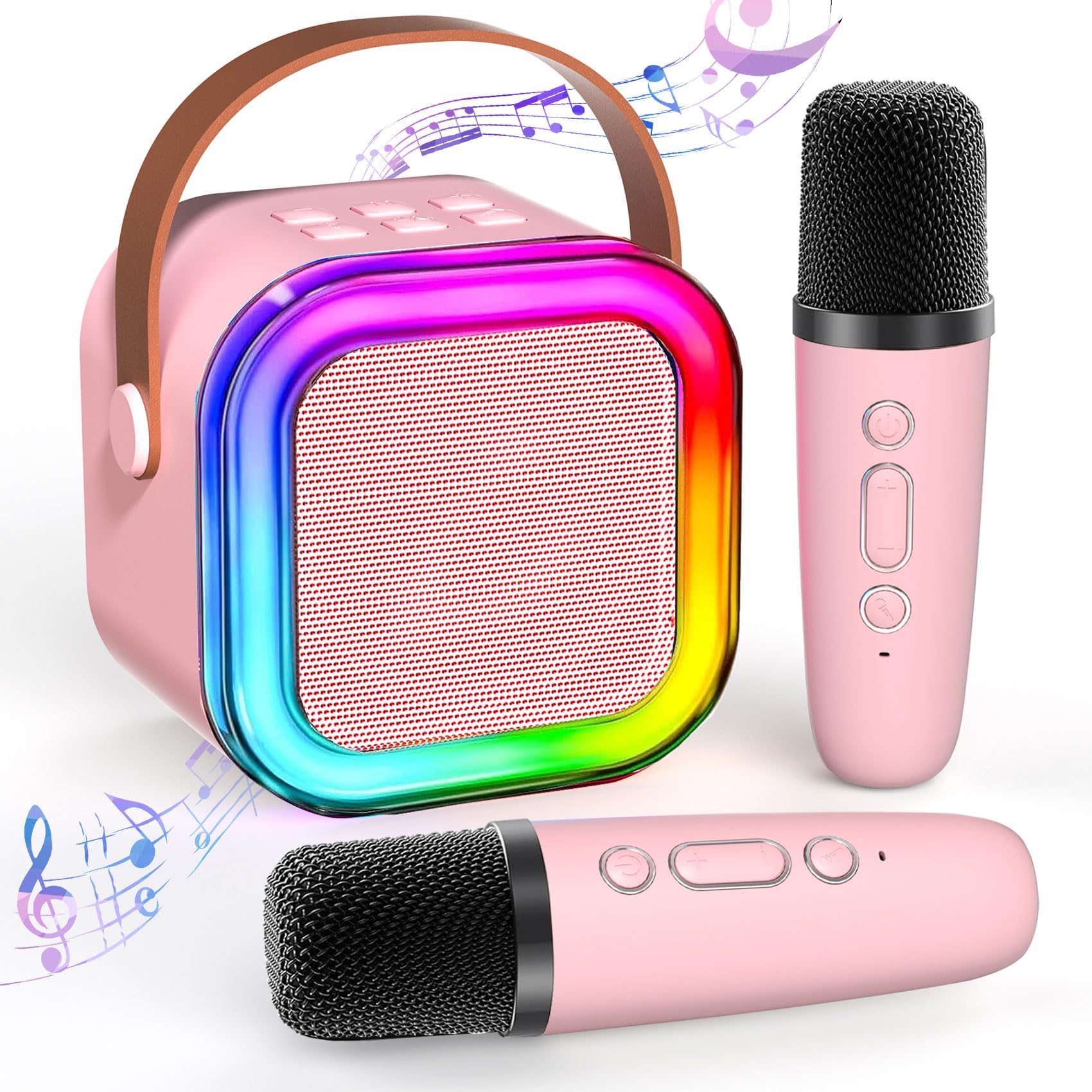 TAEMVV Mini Karaoke Machine for Kids Ages 2-12, Portable Bluetooth Karaoke Speaker with LED Party Lights & 2 Wireless Microphones, Perfect Birthday & Holiday Toys Gifts for Girls Boys (Pink)