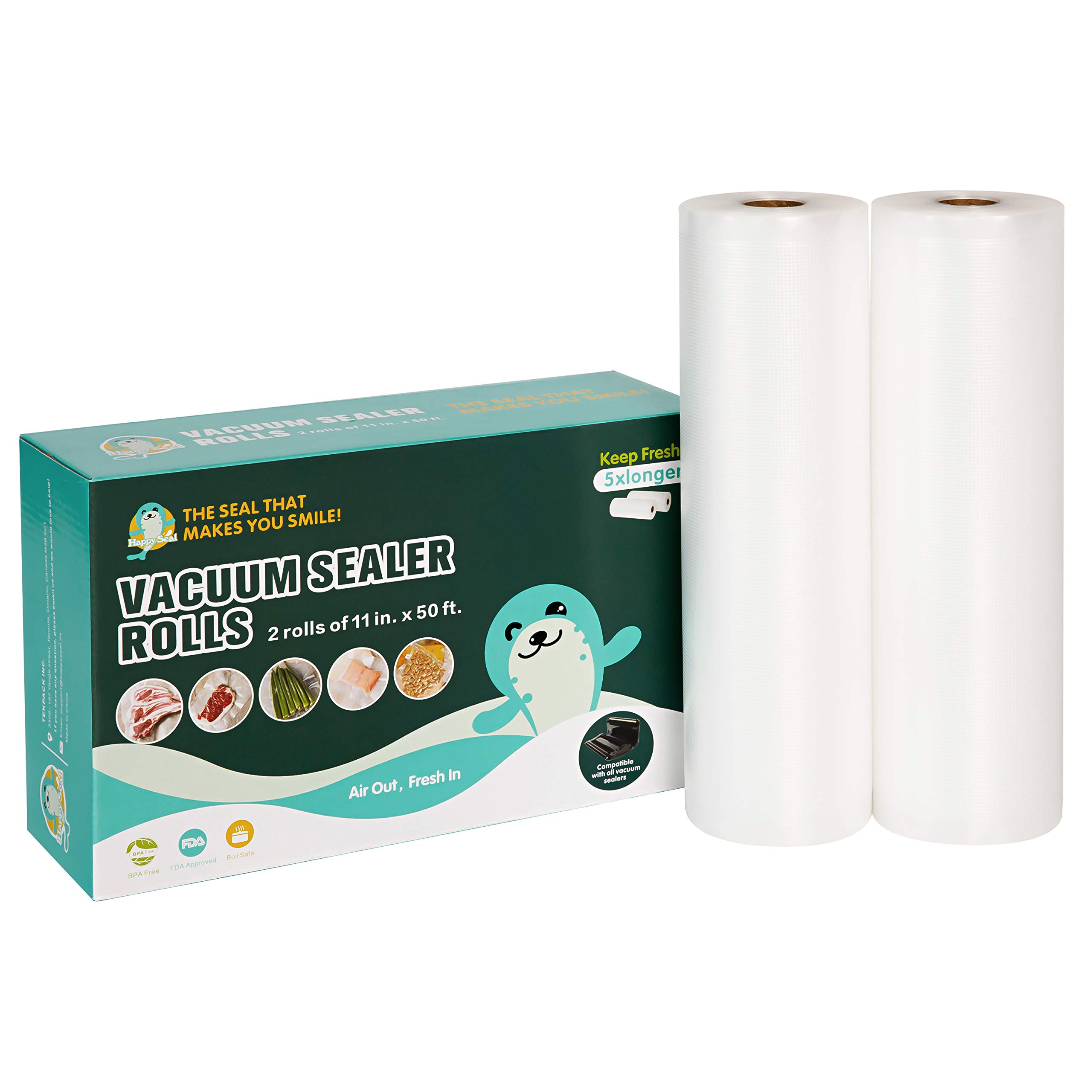 Happy Seal Vacuum Sealer Bags Roll for Food Saver,2 Rolls 11 Inch x 50 Feet(Total 100 Feet),Commercial Grade, BPA Free, Heavy Duty, Great for vac Storage, Meal Prep or Sous Vide
