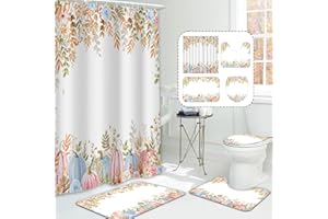 MEHOFOND 4pcs Fall Pumpkin Shower Curtain Set,Watercolor Autumn Thanksgiving Eucalyptus Leaves Shower Curtain Sets,Pink and Blue Floral Bathroom Decor with Non-Slip Rugs Toilet Lid Cover and Bath Mat