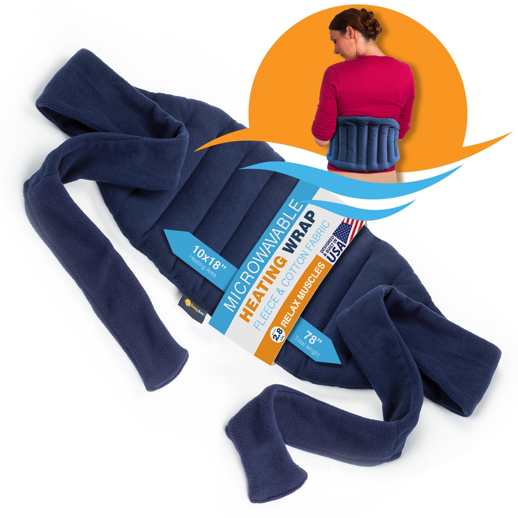 Photo 1 of SunnyBay Microwave Heating Pad, Microwavable Moist Hot/Cool Bean Bag Wrap for Neck, Shoulder, Knee, or Back Pain with XL Fastening Straps, 10x18 Inch Heating Area, 2.8 Lbs, FSA HSA Eligible, 78 Inches