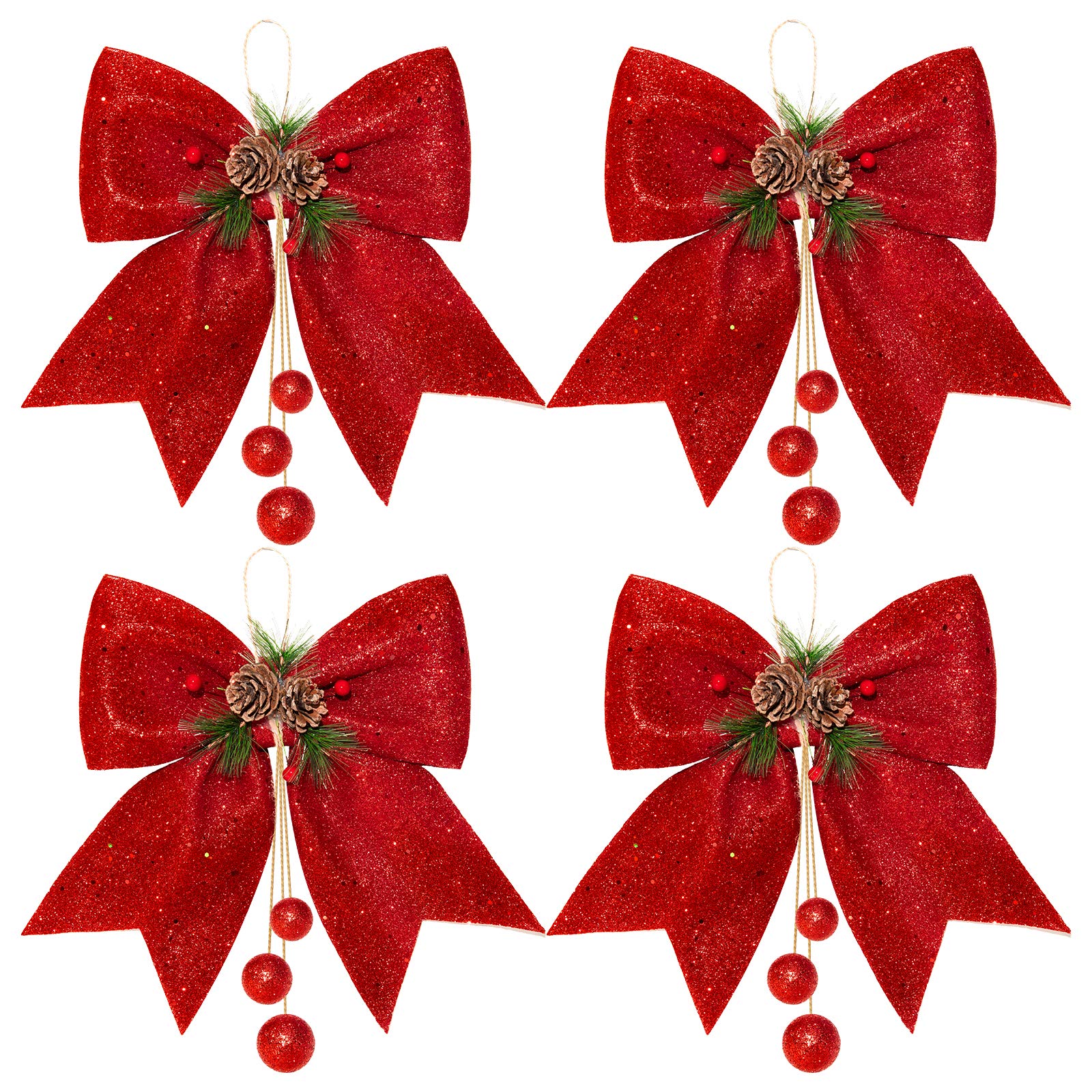 Waline 4pcs Christmas Bow Ties - Red Wreaths, Glitter & Sequin Bows for Christmas Tree & Home Decoration, 9.8 x 11.8in