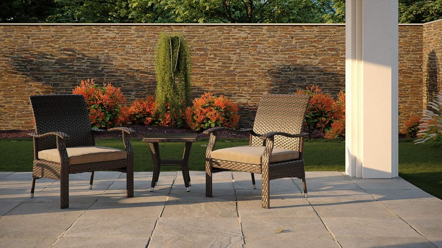 Patio Sense Miles Wicker Conversation Set, Dark Brown, 3 Piece Outdoor Bistro Set with 2 Chairs and Coffee End Table with Glass Top: Garden & Outdoor