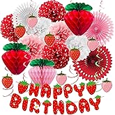 Lasocy Strawberry Birthday Decorations Happy Birthday Banner berry first birthday decor Tissue Pom Poms Red Pink Fans Hanging Swirls honeycomb ball Party Supplies Strawberry Shortcake Party Decor