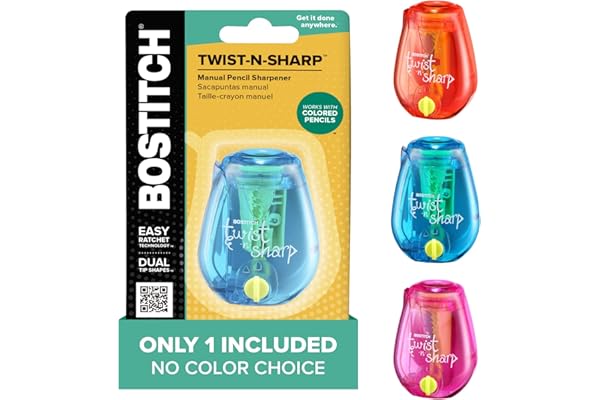 Bostitch Office Pencil Sharpener, 1 Random Color, Twist-n-Sharp, Kids & Colored Pencils, (PS1-ADJ)