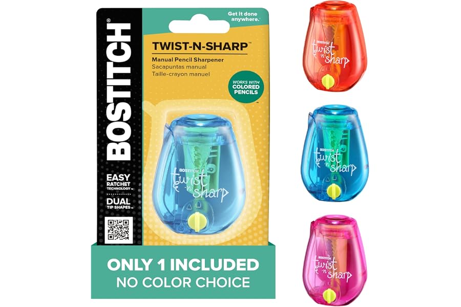 Bostitch Office Pencil Sharpener, Manual, One Assorted Color, Twist-n-Sharp, Kids, Boys, Girls, Colored Pencils, 1 Pack