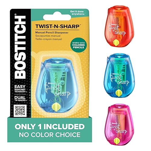Bostitch Office Pencil Sharpener, One Assorted Color, Twist-n-Sharp, Kids & Colored Pencils, (PS1-ADJ)