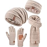 Womens Winter Beanie Hat Scarf Gloves Headband Set, Slouchy Beanie Ear Warmer Knit Scarf Touchscreen Gloves Warm 4 Gift Set