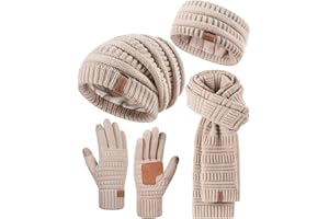 SENPUKI Womens Winter Beanie Hat Scarf Gloves Headband Set, Slouchy Beanie Ear Warmer Knit Scarf Touchscreen Gloves Warm 4 Gift Set