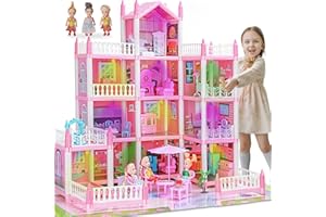 Doll House for Girls Toddlers - 4-Story 11 Rooms Playhouse with 3 Dolls Toy Figures, Furnitures, Accessories, LED Light, Prin
