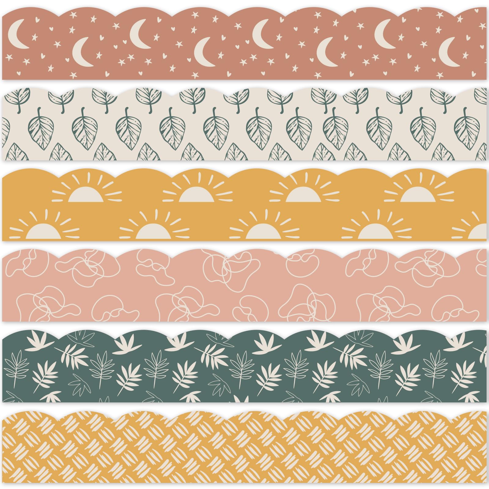 Photo 1 of Whaline 82Ft Modern Boho Bulletin Board Borders Sun Moon Leaves Trim Border Pink Beige Green Boho Bulletin Board Stickers for School Classroom Office Decor