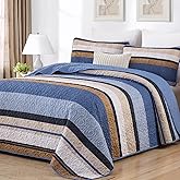 Dobuyly Blue Quilt King Size Set, Boho Bedspread King Size, Striped Bedding Sets 3 Pieces, Lightweight Soft Coverlet Bed Sets with 2 Pillow Shams 110"x90"