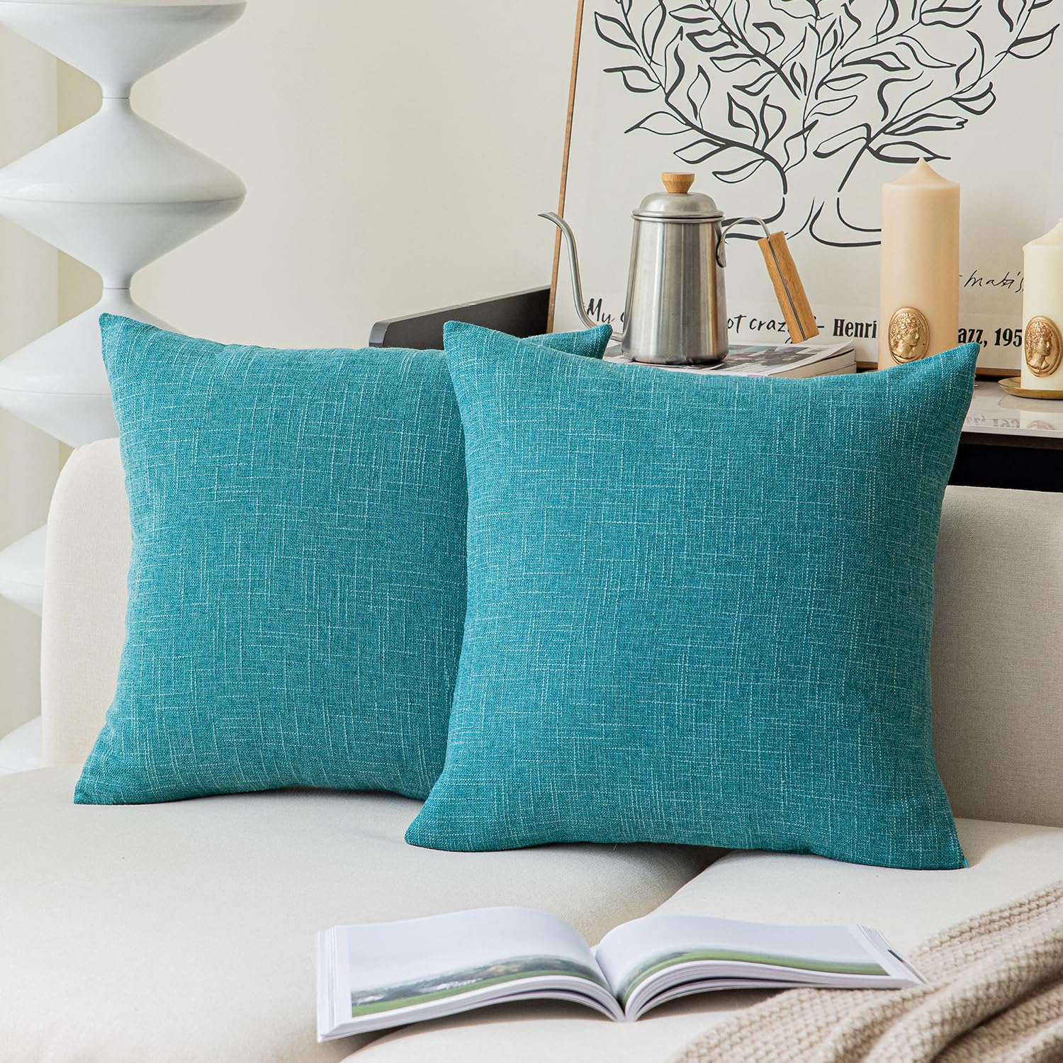 Photo 1 of Kevin Textile Set of 2 Decorative Linen Pillowcases for Couch/Sofa/Bed/Car, Honey Yellow Striped Star Both Sides, 26x26-inch (66x66cm), Peacock Blue