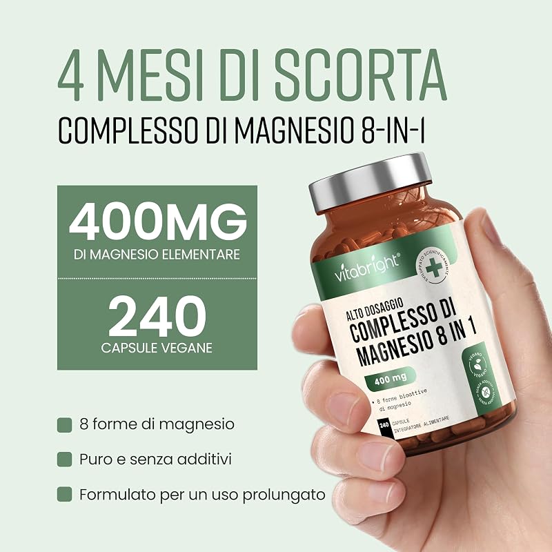 Magnesio Completo 8-in-1 | 400 mg Alta Dose | 240 Capsule Vegane | Magnesio Bisglicinato, Citrato, Malato, Taurato | Integratore per Muscoli ed Energia | 4 Mesi Fornitura | VitaBright