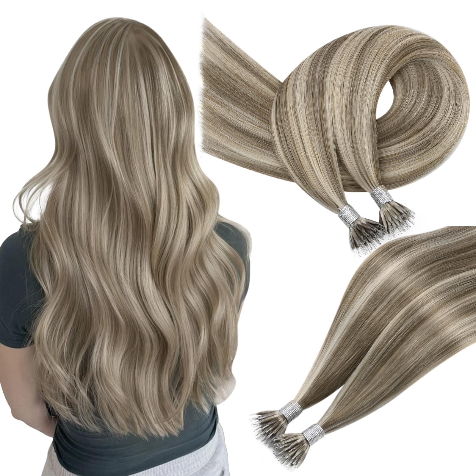Easyouth Nano Human Hair Extensions Highlight Nano Beads Hair Extensions Human Hair Light Brown Mixed Platinum Blonde Nano Ring Hair Extensions Real Hair Pre Bonded For Volume 14Inch 50g/50s #P8/60 — image 1