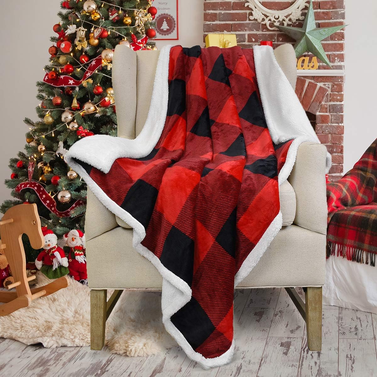 Red Buffalo Plaid Sherpa Throw Christmas Blanket 50" x 60" Reversible Fuzzy Micro Plush All Season Fleece TV Blanket for Bed or Couch