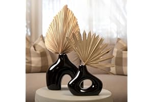Modern Chateau and Villa Ceramic Donut Vases Set of 2 for Modern Home Décor, Glossy Finish, Boho Nordic Minimalist Style, Perfect for Pampas Grass in Offices or Living Rooms (Glossy Black)