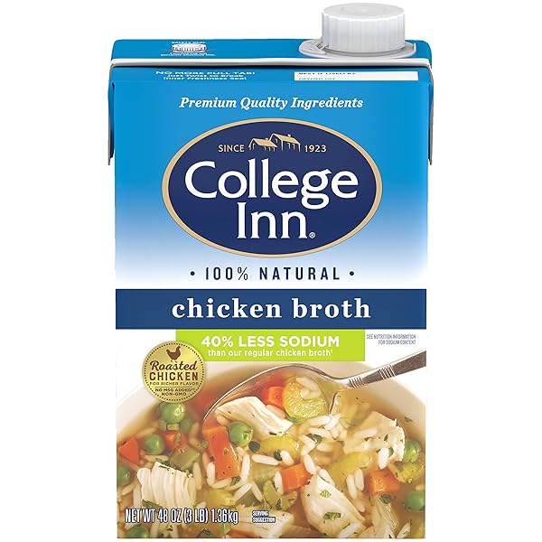 COLLEGE INN 40% LESS SODIUM CHICKEN BROTH, 48 OZ CARTON