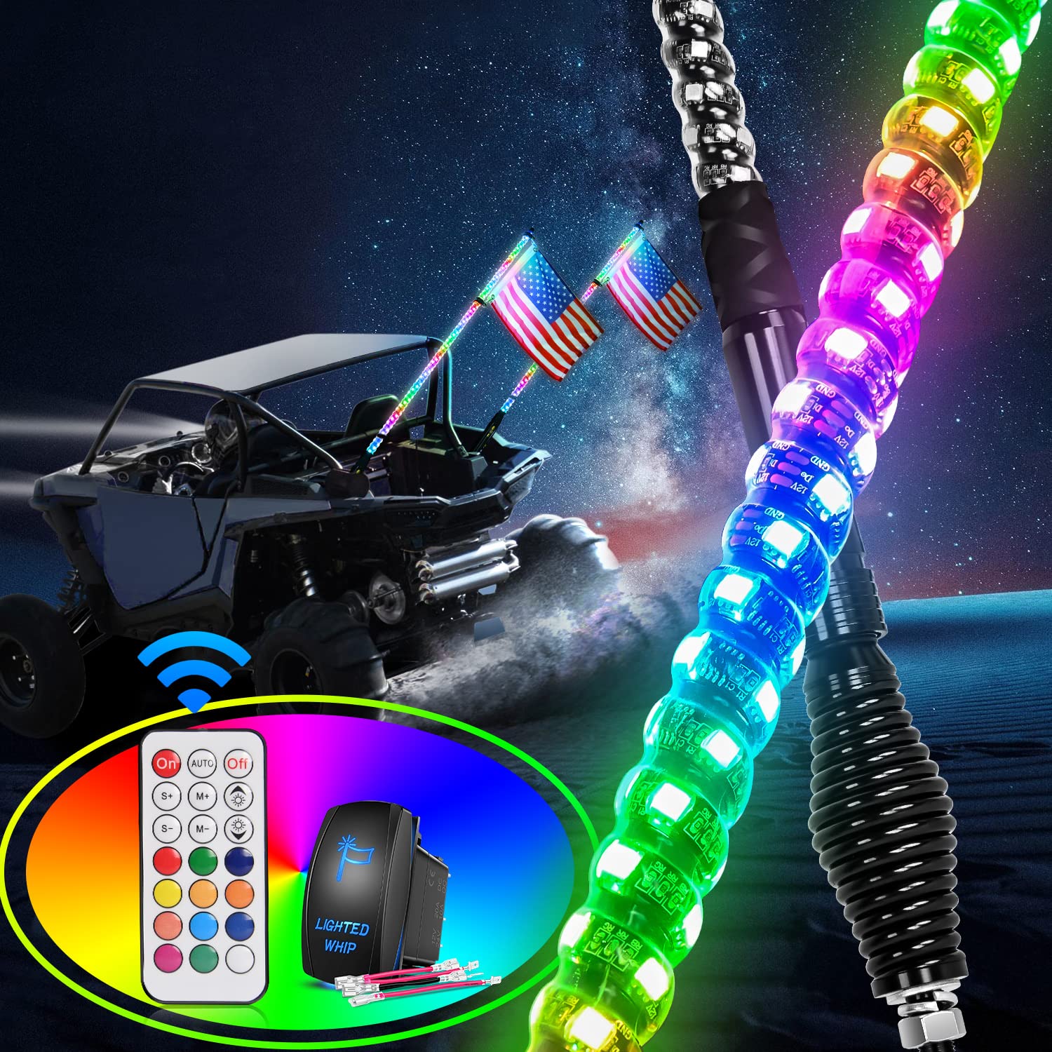 Photo 1 of (parts) (non-functional) Nilight - TL-27 2PCS 4FT Spiral RGB Led Whip Light with Spring Base Chasing Light RF Remote Control Lighted Antenna Whips for Can am ATV UTV RZR Polaris Dune Buggy Offroad Truck