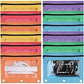 12 Pcs 3 Ring Binder Pencil Pouch,6 Assorted Colors Bulk Zipper Pencil Cases,Pencil Pouches with Clear Window for Office Supplies College, Cloth Pencil Bag Fits 3 Hole Binder