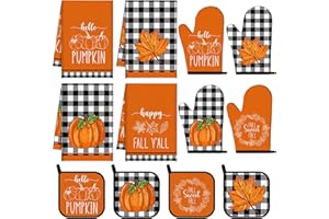 Pickmesh 12 Pcs Hello Thanksgiving Fall Kitchen Towels and Oven Mitt Sets 4 Maple Leaf Oven Mitts 4 Pumpkin Dish Towels and 4 Plaid Pot Holders Cooking Accessories for Autumn Kitchen Decoration