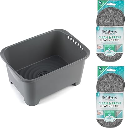 Beldray 8 Litre Washing Up Bowl with Integrated Drainer Plug Grey Set of 4 Pads